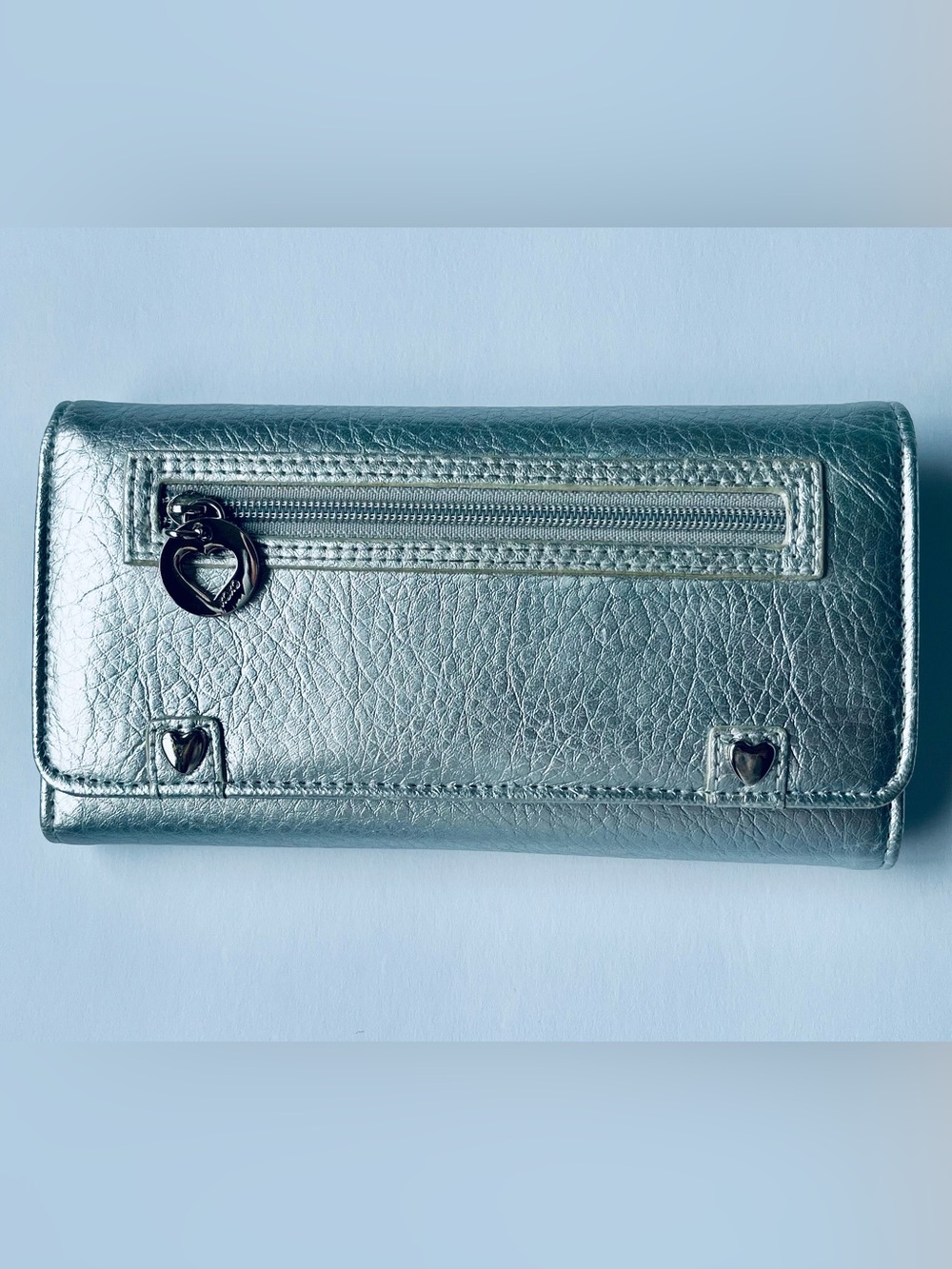 XOXO Silver Metallic Faux Leather Checkbook Wallet Organizer Zip Around Clutch